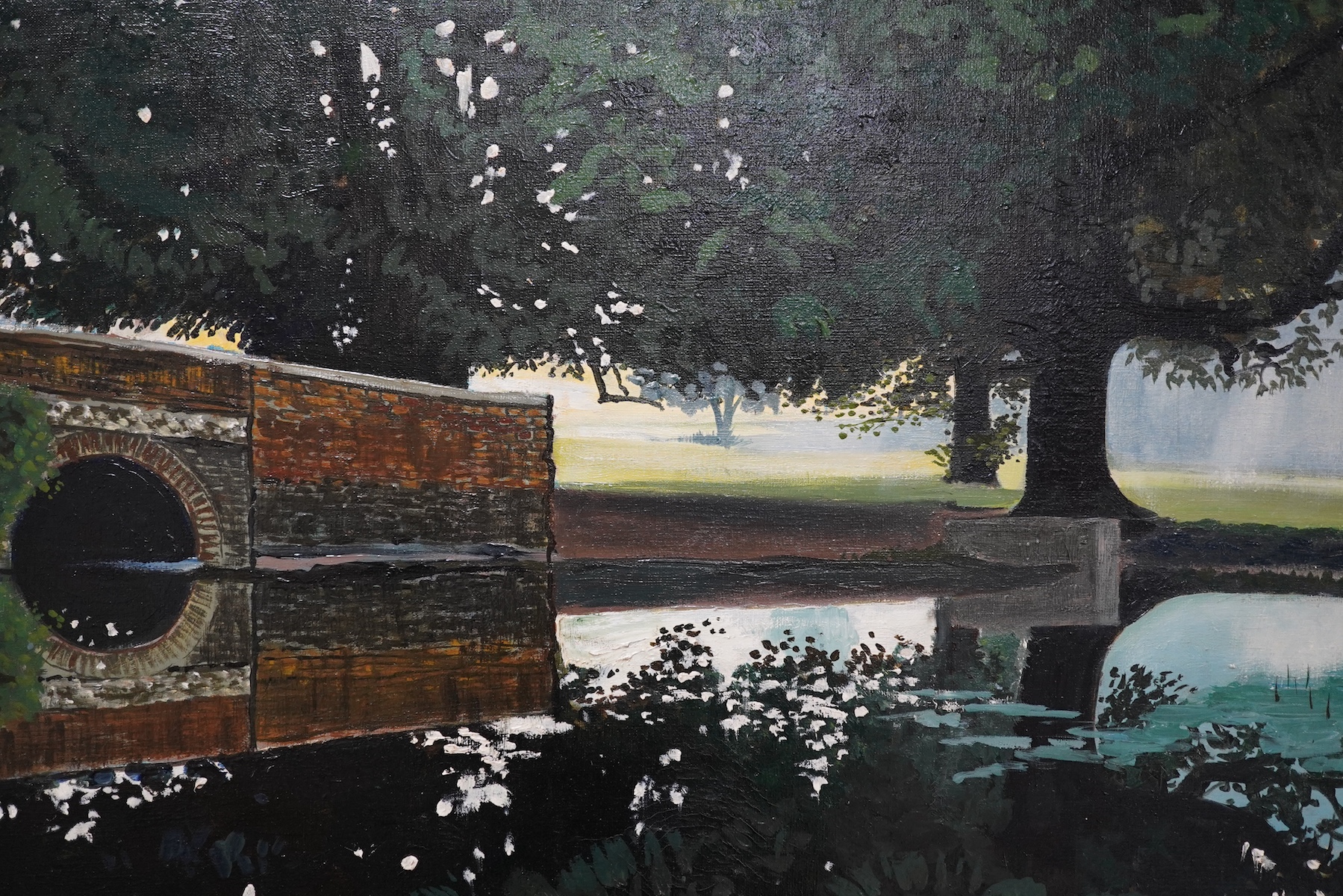 Robin Alexander Elliott (b.1936), oil on canvas, ‘The River Cray at Footscray Meadows, Bexley 1974’, signed, inscribed verso, 74 x 100cm. Condition - good